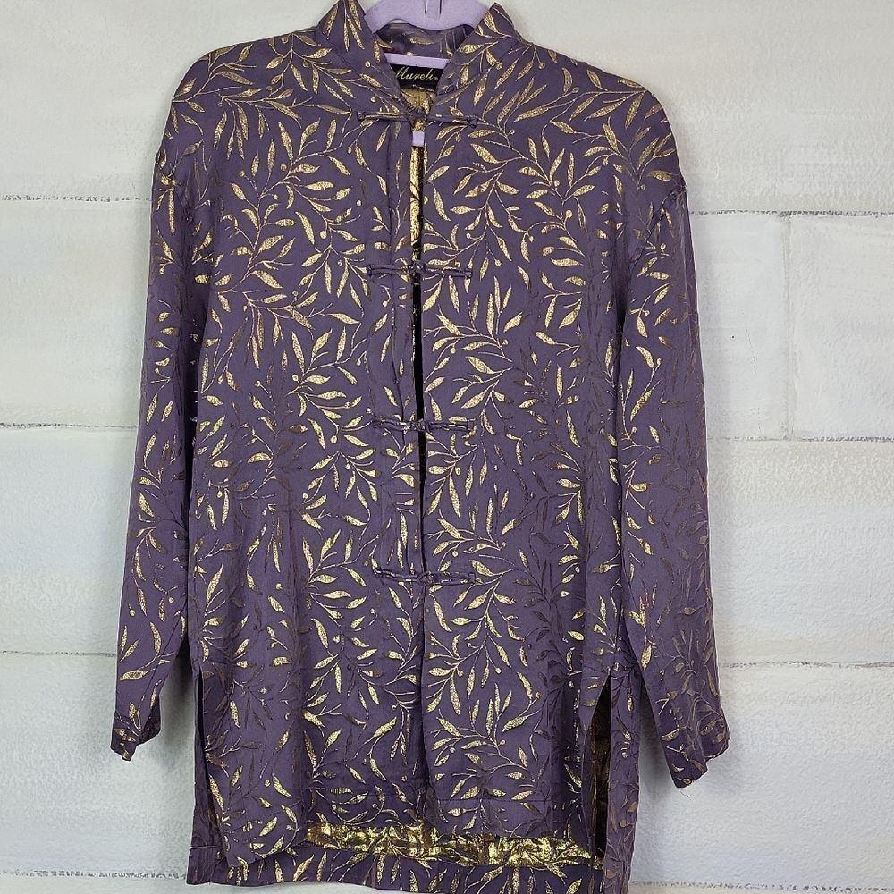 100% silk Purple and Gold Leaf Orient style Patterned Jacket. Size - Picture 1 of 8